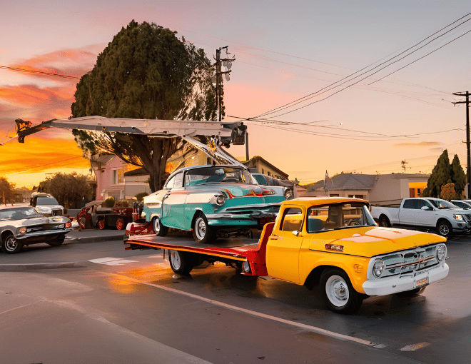 A brightly painted tow truck carefully lifts a vintage car under San Jose's sunset, creating a picturesque scene that highlights the art of towing.