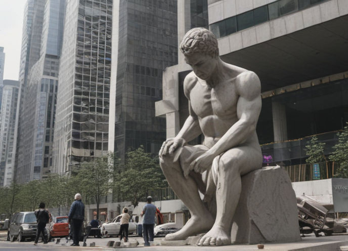 A statue on the roadside, amidst skyscrapers.