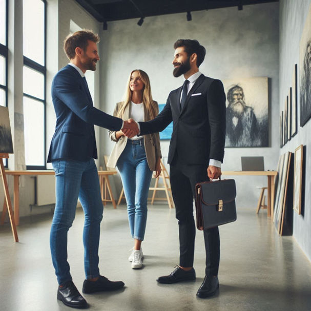 A business broker shakes hands with a visual art company owner in a gallery setting.