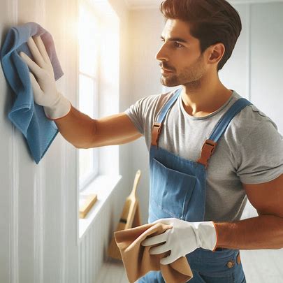 A painter wiping down surfaces with a microfiber cloth in a bright, ventilated room.