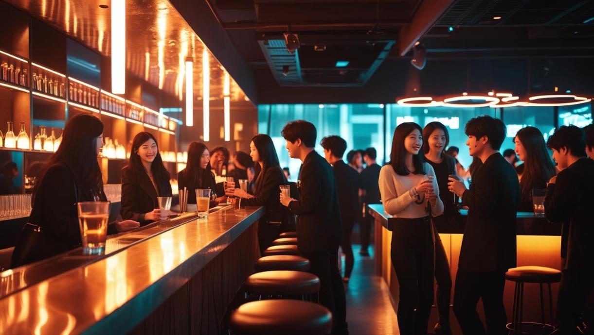 Modern nightclub interior glowing with neon lights and people enjoying vibrant nightlife.